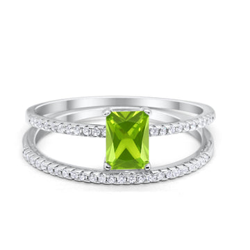 Art Deco Two Piece Wedding Ring Radiant Simulated Peridot CZ 925 Sterling Silver